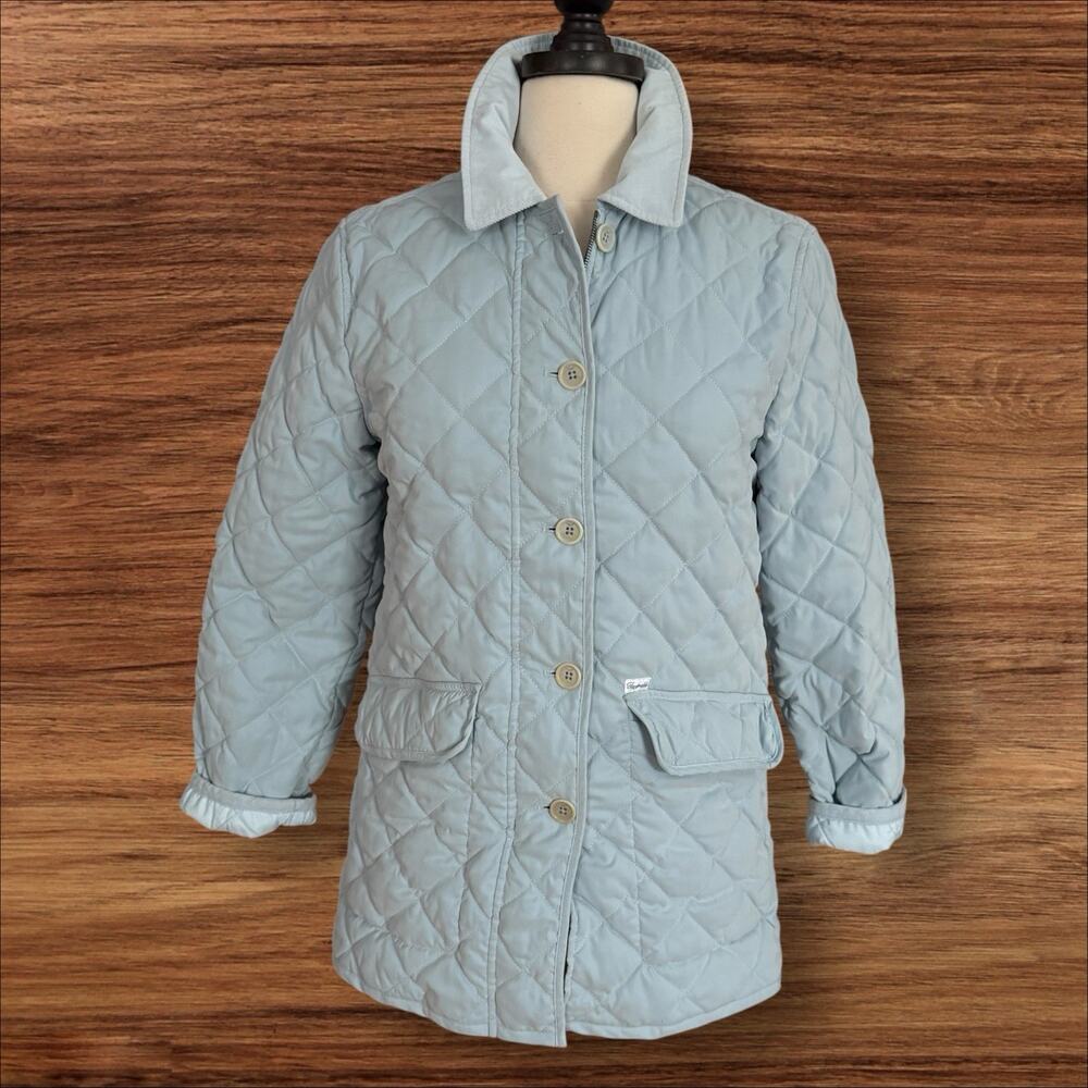 Vtg Faconnable Diamond Quilted Barn Jacket Sz S‎ Womens Sky Blue Corduroy Trim